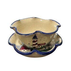 Gail Miller Handcrafted Lighthouse Nautical Themed Ceramic Bowl and Plate
